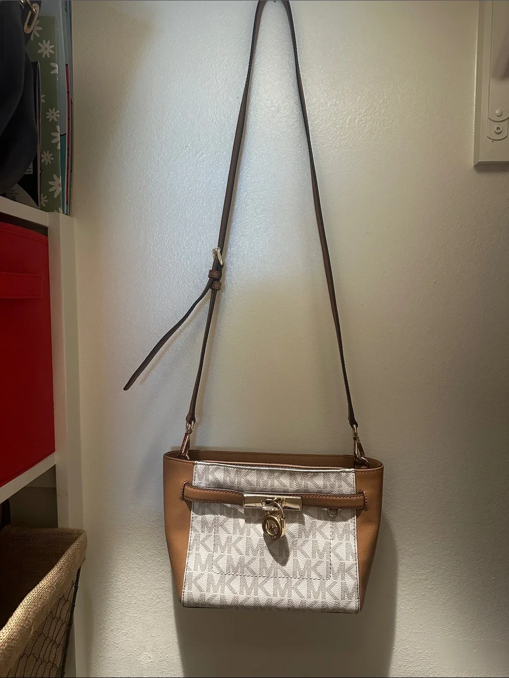Michael Kors Tan and White Logo Crossbody Bag